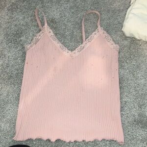 Pink ribbed tank crop top with lace top Large (11-13)